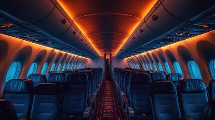Empty airplane cabin with blue and orange lighting, showing rows of seats with no passengers.