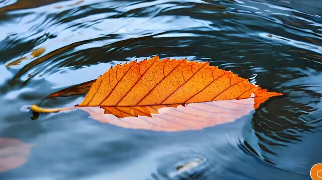 A single orange leaf floats on blue water, creating ripples.
