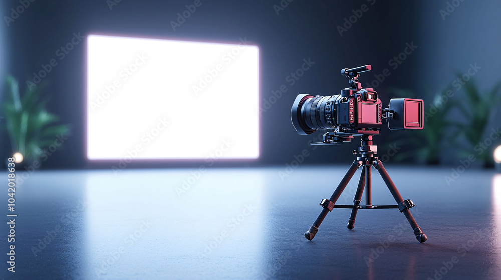 Poster camera setup on tripod facing glowing screen in modern space