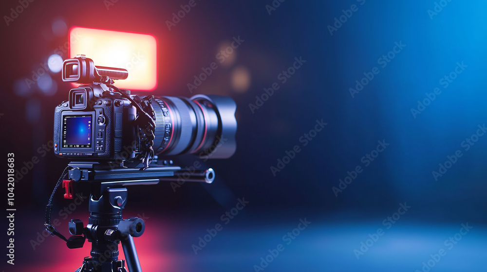 Poster camera setup on tripod, capturing glowing screen in dimly lit environment