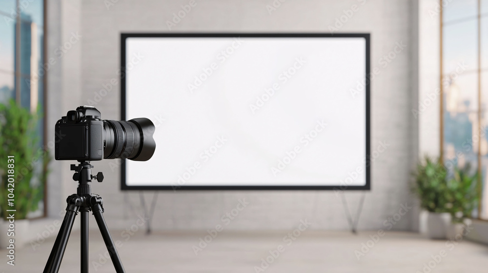 Poster camera and tripod positioned in front of blank screen in modern space