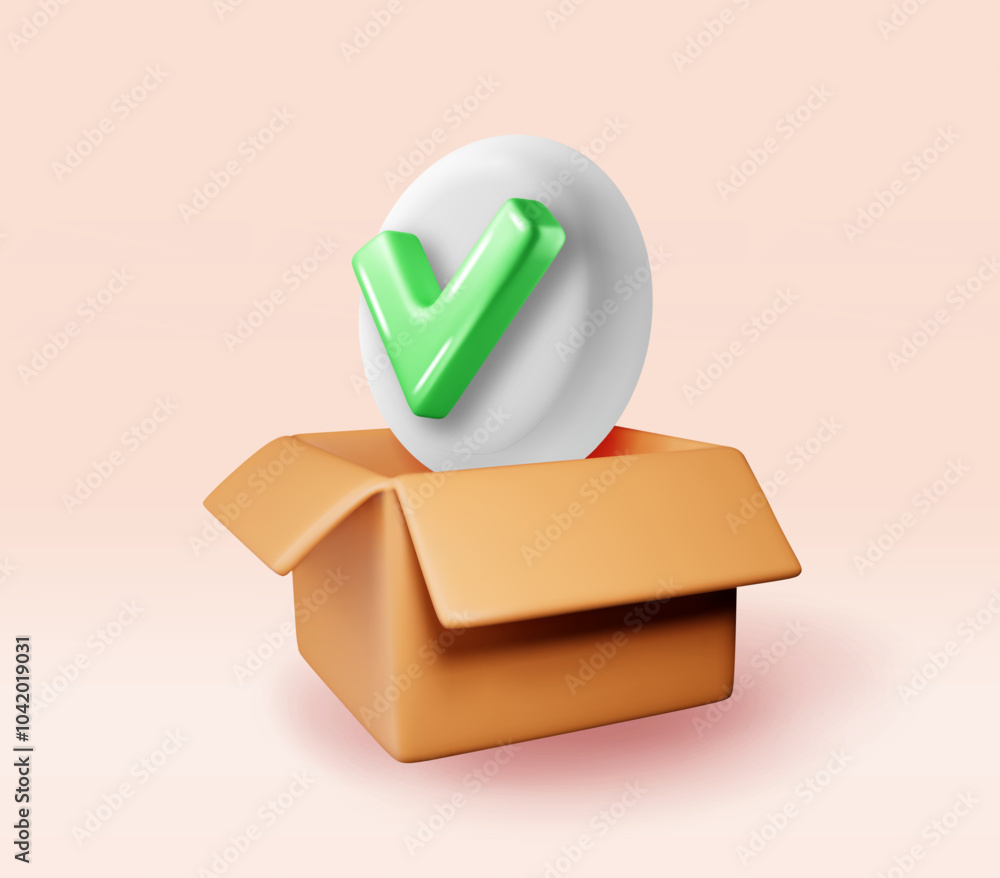 Poster 3d opened delivery box with checkmark. render yes icon in open cardboard box. approved or accepted d