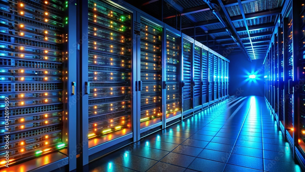 Poster server room with illuminated racks in a modern data center - low light photography of network server