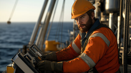 A full, photorealistic image of an offshore drilling worker in protective clothing, adjusting controls on a towering piece of equipment. The worker is surrounded by rugged industri