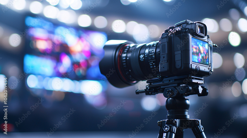 Poster high end camera tripod setup for filming screen display, capturing vibrant visuals