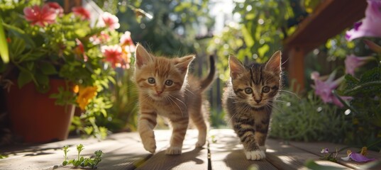 Playful Kittens Frolicking on a Sunlit Deck Surrounded by Vibrant Garden Flowers