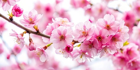 Fototapeta premium Pink cherry blossom flowers on a white background with low angle view