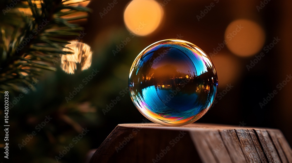 Poster a large iridescent soap bubble rests on a wooden surface with a pine branch and warm bokeh lights in