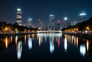 A Stunning and Breathtaking Night View of a Modern City Skyline Reflected Beautifully in Water