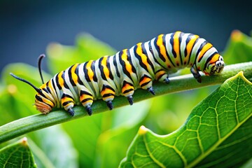 Colorful caterpillar eating green leaves