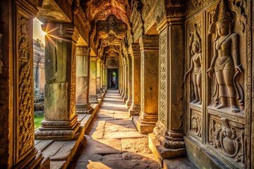 Fototapeta premium Silhouette of Ancient Temple Corridor with Stone Carvings at Angkor Wat, Siem Reap, Cambodia