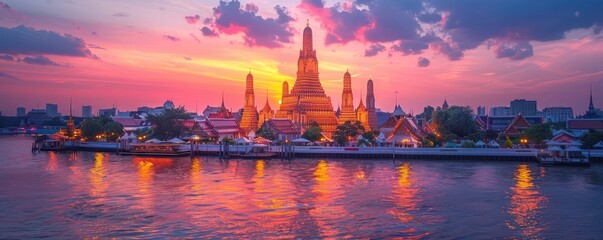 Stunning sunset view of Wat Arun temple in Bangkok, Thailand, with reflections on the Chao Phraya River. Free copy space for text.