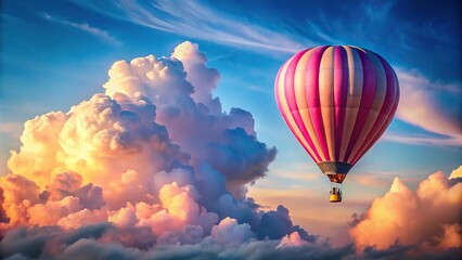 Fototapeta premium pink clouds and hot air balloon flying in clear blue sky
