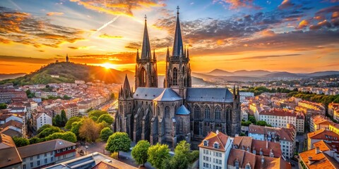 Silhouette of Basilique Notre-Dame du Port at Sunset in Clermont-Ferrand, Auvergne, France