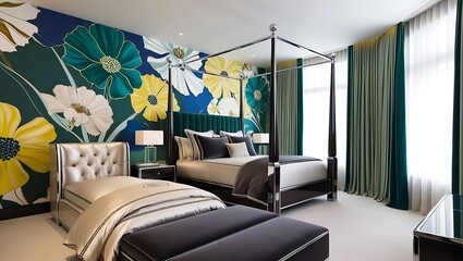 Charming bedroom with vibrant wallpaper and sleek lighting fixtures