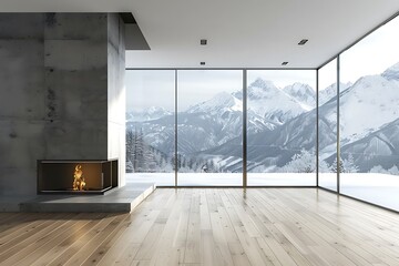 Modern living room with panoramic view of mountains