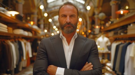Fototapeta premium In a lavish, well-lit clothing store adorned with elegant suits, a confident man stands firmly with arms crossed, exuding style and authority