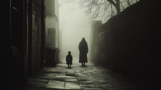 Silhouetted woman and child walking down a misty street with their backs turned - Powered by Adobe