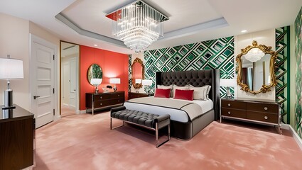 Elegant bedroom featuring bold wallpaper and luxurious modern touches