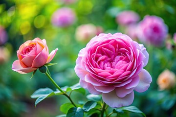 Pink english rose in garden with blurred background