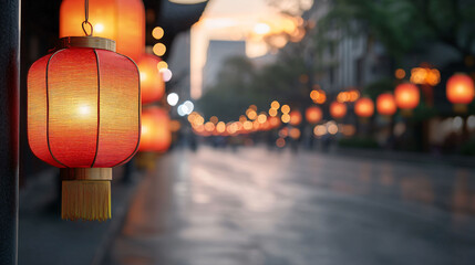 Rows of glowing lanterns lining empty street create serene atmosphere