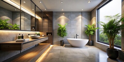 Fototapeta premium Sleek and Modern Minimalist Bathroom with Black Fixtures and Ambient Lighting for Serene Spa Experience