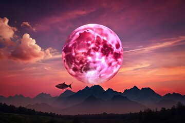 Pink fish moon casting a glow on cloud and mountain silhouettes against night sky