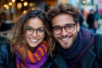 A couple with glasses smiles warmly as they sit together, wearing colorful knit scarves and jackets, enjoying a cozy atmosphere in an outdoor setting.