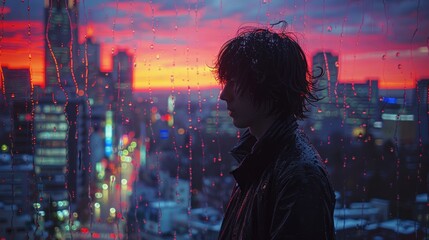 A contemplative person stands by a rain-soaked window overlooking a modern cityscape backdrop illuminated by the vibrant hues of a setting sun