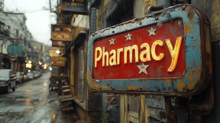 An old, rustic pharmacy sign glowing with neon lights on a rainy street filled with a variety of shops and electric wires forming a nostalgic scene