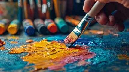 Fototapeta premium Exploring the Creative Process Hand Mixing Paints with Brushes and Art Supplies on a Palette