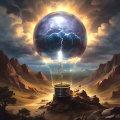 Illustration of electric bulb with dramatic landscape.