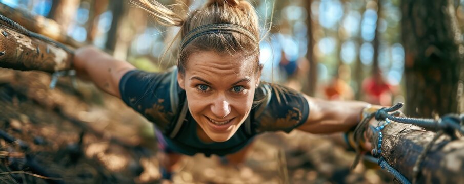 Athletic woman determinedly participating in an obstacle course race, crossing a wooden hurdle. - Powered by Adobe