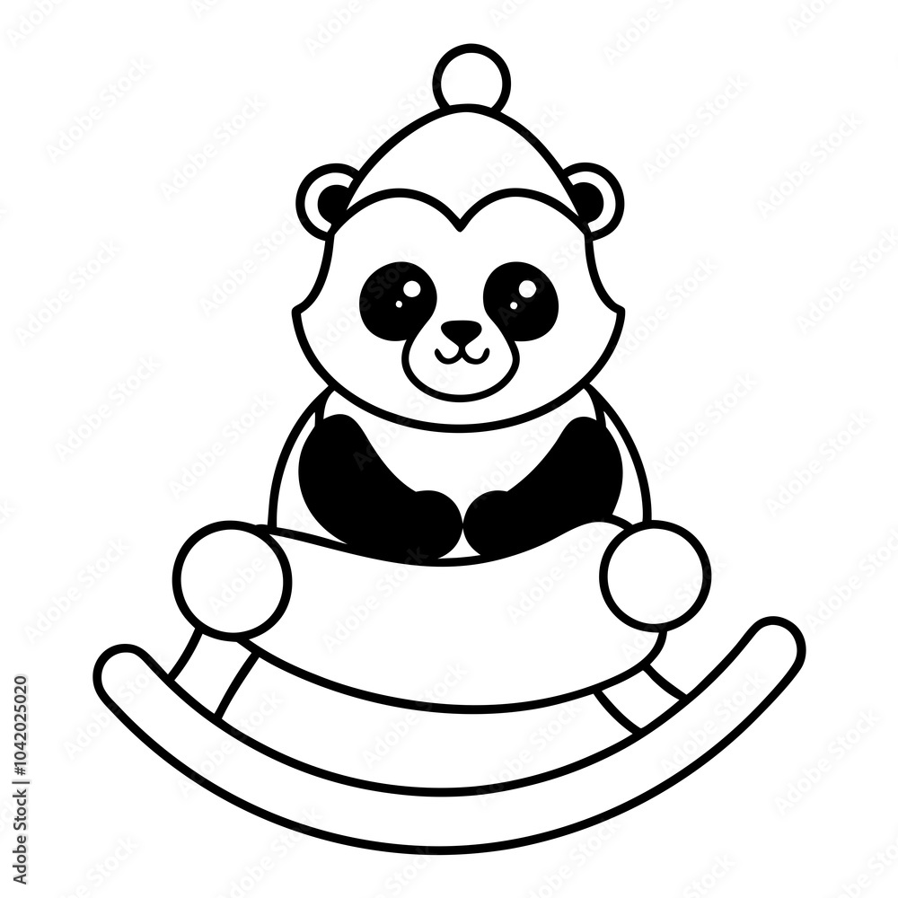 Canvas Prints Christmas Panda on Rocking Cradle Line Art.