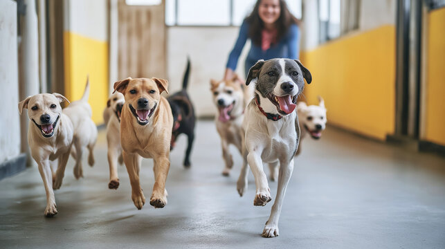 Group of joyful canines dashing towards the camera with a dog care attendant in the distance