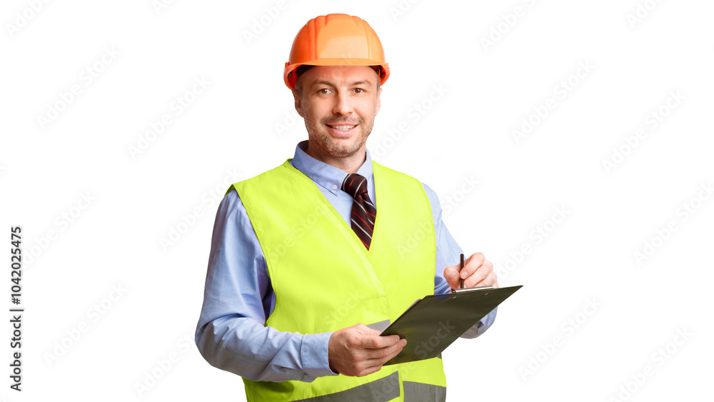 Poster professional builder worker standing holding folder with labor contract on white studio background, 