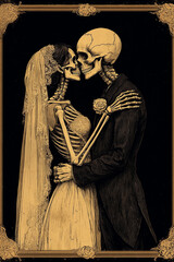 Skeleton bride and groom lovingly embrace in eerie illustration. , vertical collage wallpaper, Dead Day