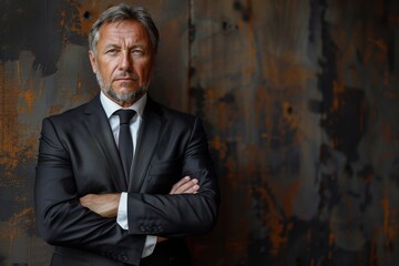 A distinguished gentleman in a sleek black suit crosses his arms confidently against a textured, dark background with an intense, focused expression