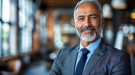 Fototapeta premium A distinguished mature man wearing a grey suit with a blue tie smiling confidently in a modern, stylish background setting with blurred lights and wooden decor