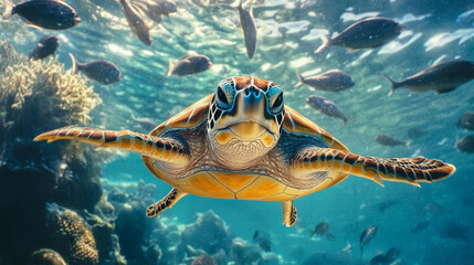 Obraz premium Elegant sea turtle gliding through a colorful coral reef, with fish swimming all around