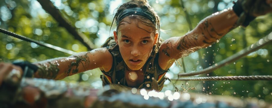 Athletic woman determinedly participating in an obstacle course race, crossing a wooden hurdle. - Powered by Adobe