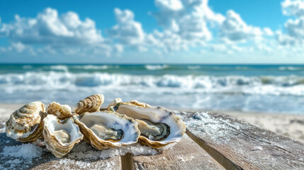 Fresh oysters on half shell displayed on weathered wooden table on beach boardwalk with crashing waves in backdrop