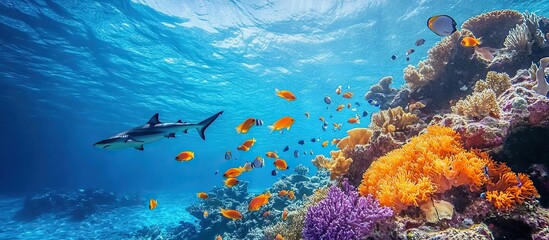 Obraz premium Many tropical fish and nurse sharks can be found in the deep oceans. Sharks and fish schools in the Maldives' azure waters 