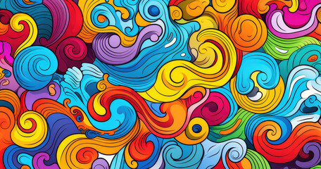 A vibrant abstract design featuring swirling patterns in a mix of bright colors, evoking a sense of movement and creativity.