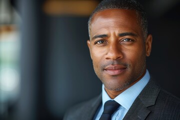 Confident portrait of a middle-aged professional man in a suit, with an intense gaze and a calm demeanor, in a sophisticated modern setting