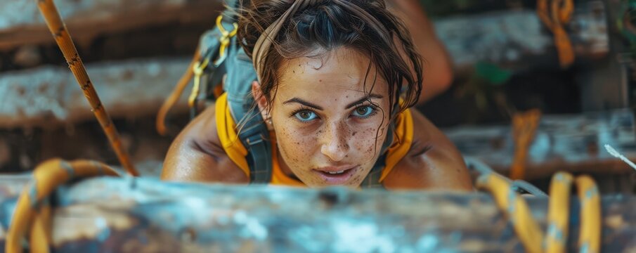 Athletic woman determinedly participating in an obstacle course race, crossing a wooden hurdle.