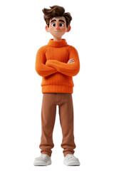 A 3D style cartoon character of a boy in an orange sweater and brown pants, standing with arms crossed, smiling.