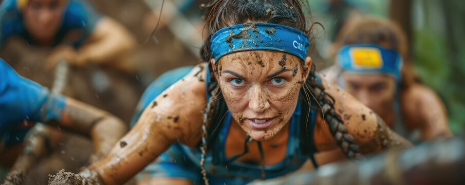 Athletic woman determinedly participating in an obstacle course race, crossing a wooden hurdle.