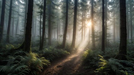 Fototapeta premium Sun shines through the trees in a misty forest on a sunny day
