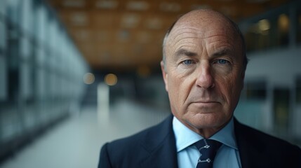A distinguished mature individual in formal business attire is captured in a serious, introspective pose in a modern office corridor setting